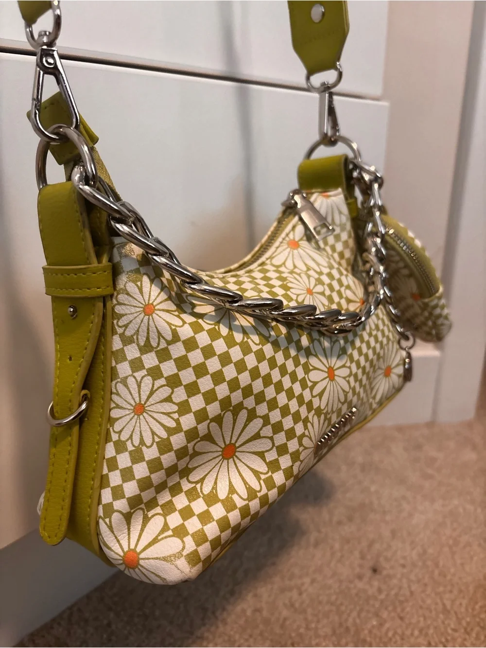 Floral Checkered Yellow Crossbody Bag with Coin Pouch